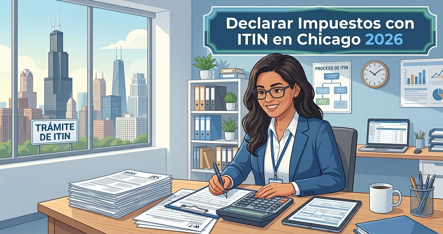 Persona hispana preparando su declaración de impuestos con formulario 1040 y documentos fiscales en Chicago 2026