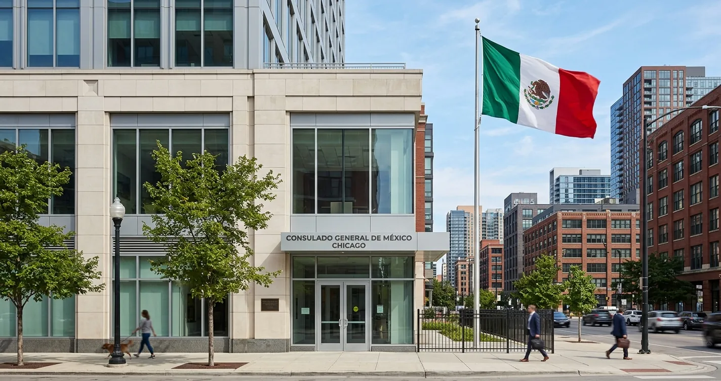 Consulado mexicano en Chicago Illinois - Edificio oficial con bandera de Mexico
