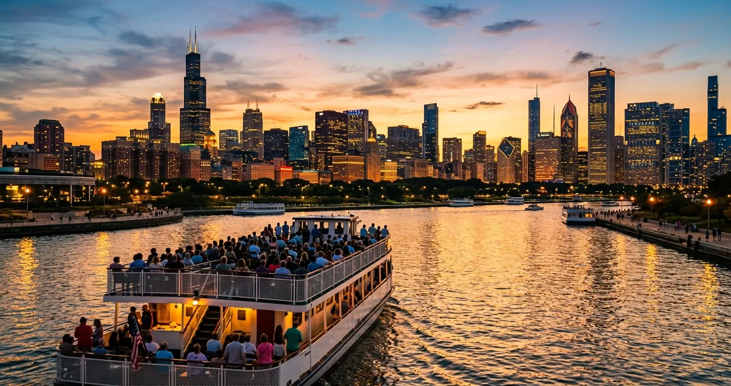Tours en Chicago en español - crucero por el río Chicago con vista al skyline al atardecer