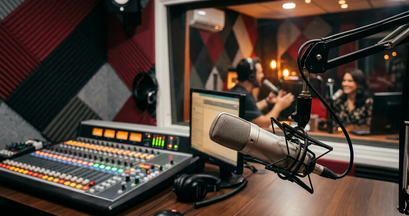 La Que Buena 105.1 radio en Chicago - Estudio de transmisión en vivo de WOJO-FM con micrófono profesional
