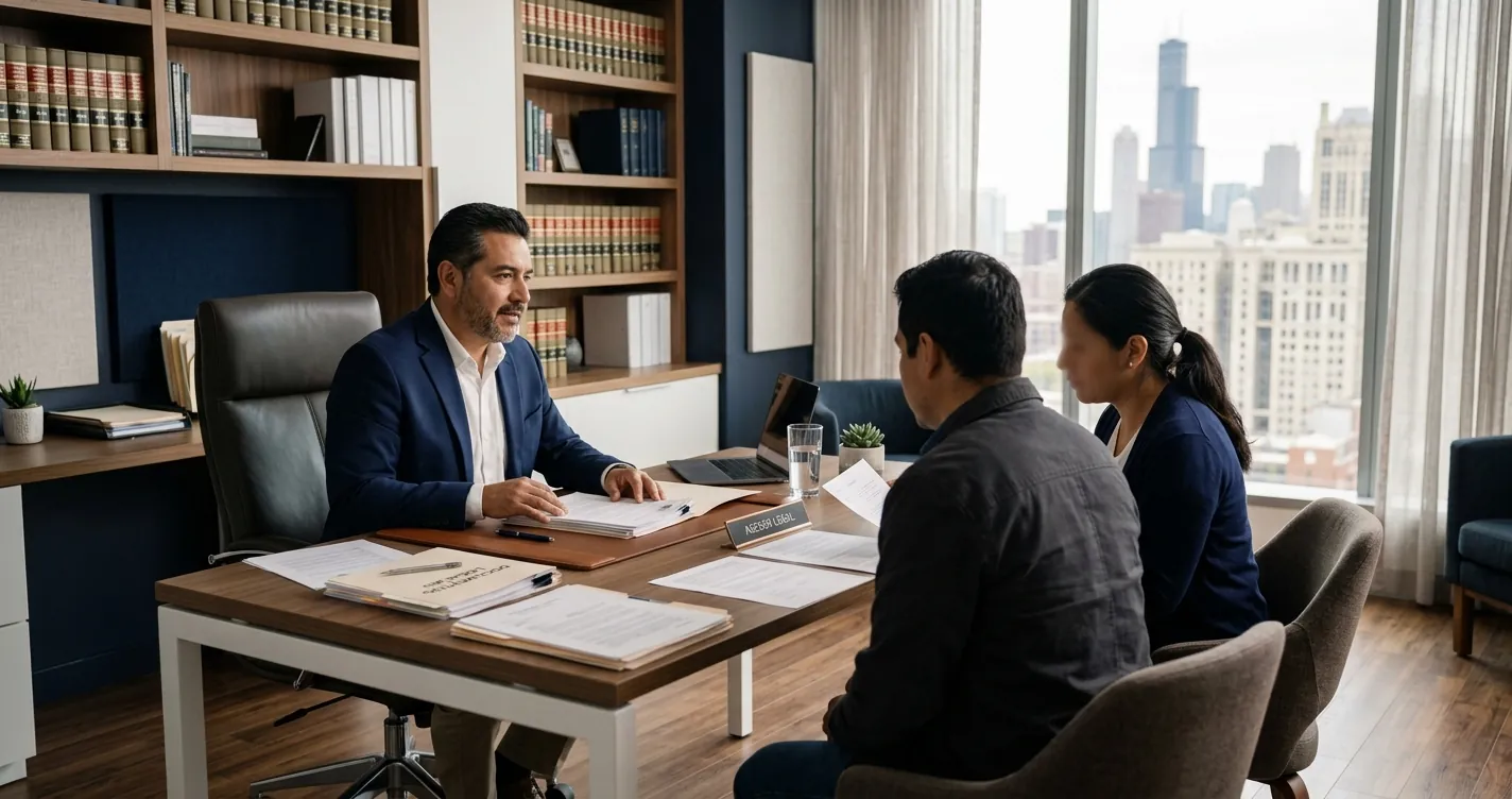 Abogados de inmigración gratis en Chicago - Asesor legal atendiendo a familia hispana en oficina con documentos migratorios