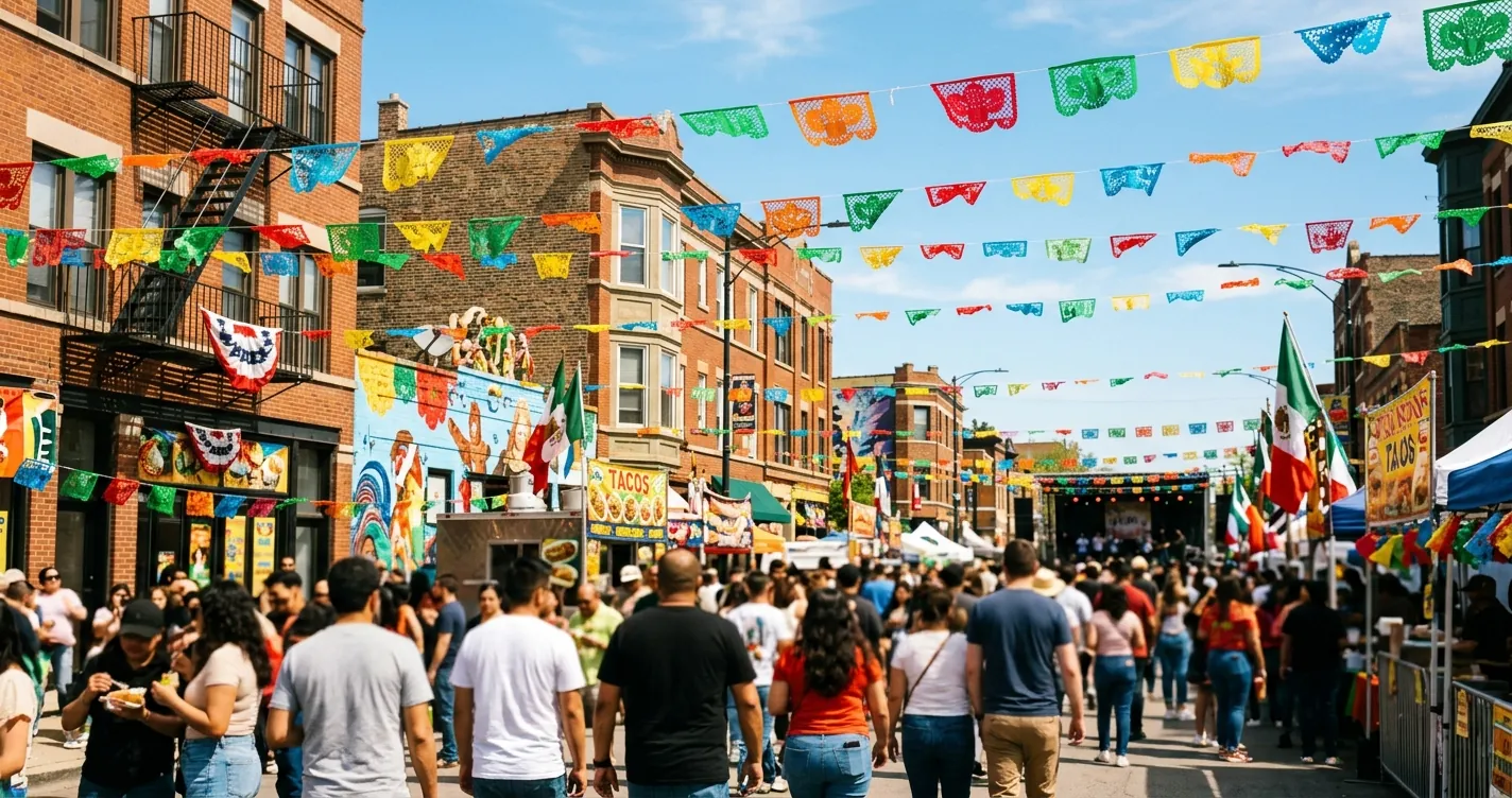 Eventos en Chicago mayo 2026 - festival callejero de Cinco de Mayo en barrio mexicano de Pilsen con papel picado