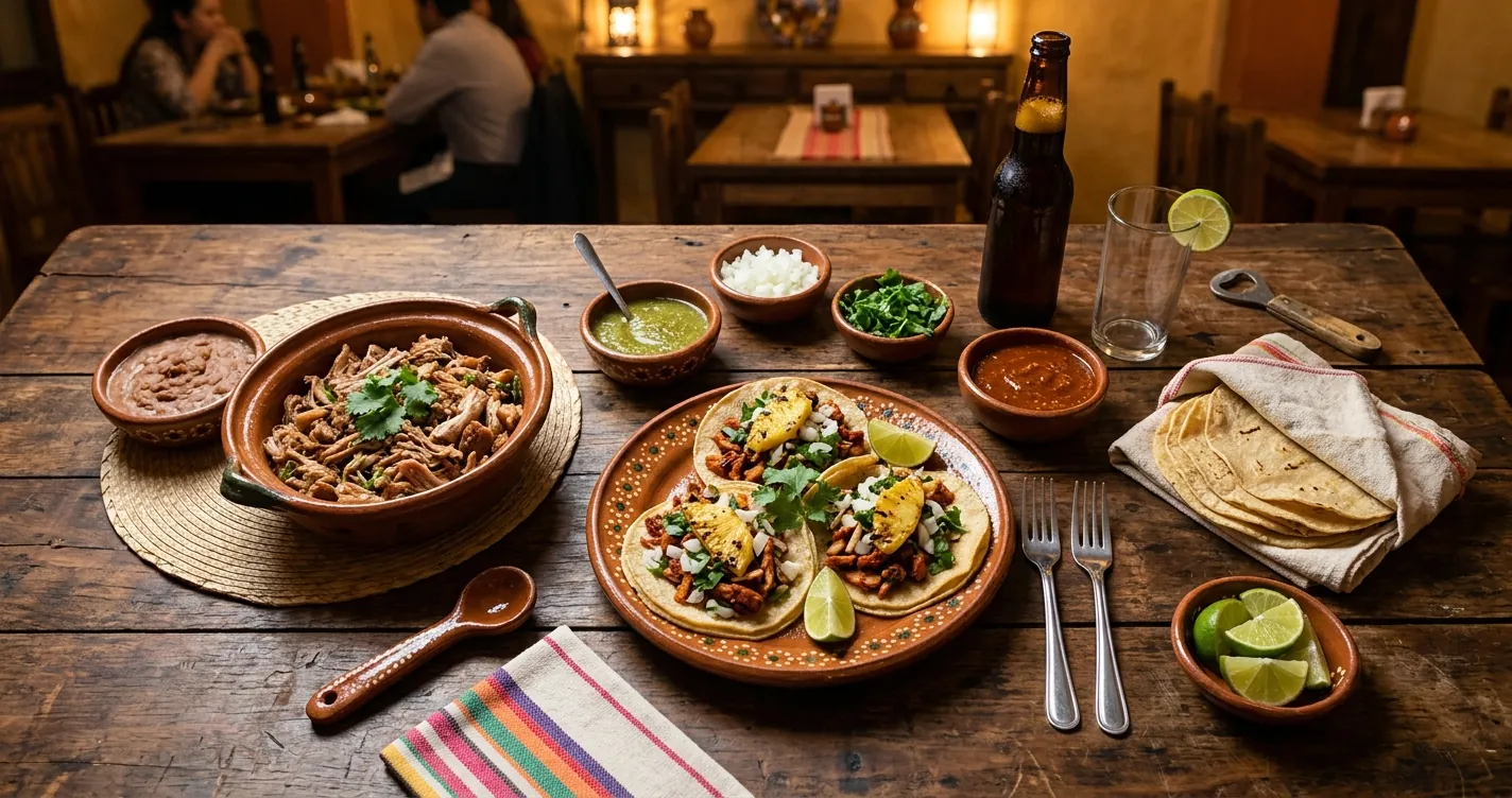 Mesa con platillos típicos de los mejores restaurantes mexicanos en Chicago: tacos, carnitas y salsas