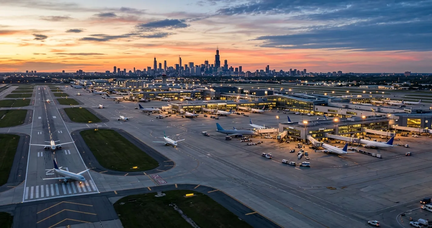 Aeropuertos en Chicago - Vista del aeropuerto O'Hare con aviones y terminales