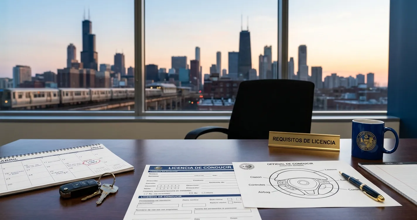 Citas para la licencia en Chicago Illinois - escritorio del Secretary of State con formularios y calendario