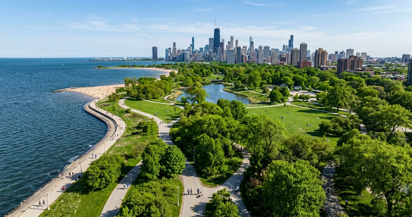 Parques en Chicago - Vista panorámica de parque urbano junto al lago Michigan con skyline de Chicago al fondo