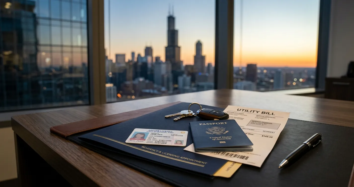 Requisitos para renovar licencia de conducir en Chicago - documentos sobre escritorio con skyline de Chicago al fondo
