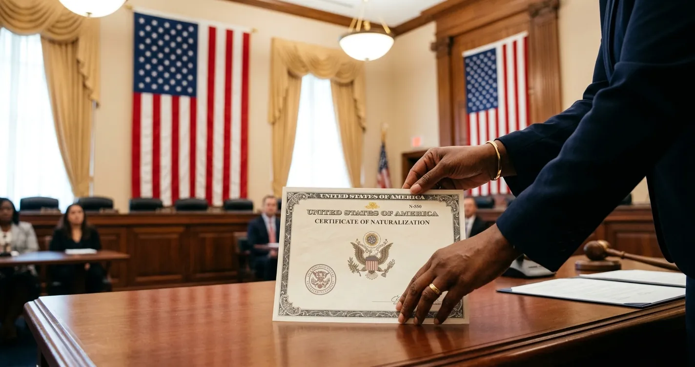 Examen de ciudadanía americana en Chicago - Certificado de naturalización y bandera estadounidense durante ceremonia de juramentación