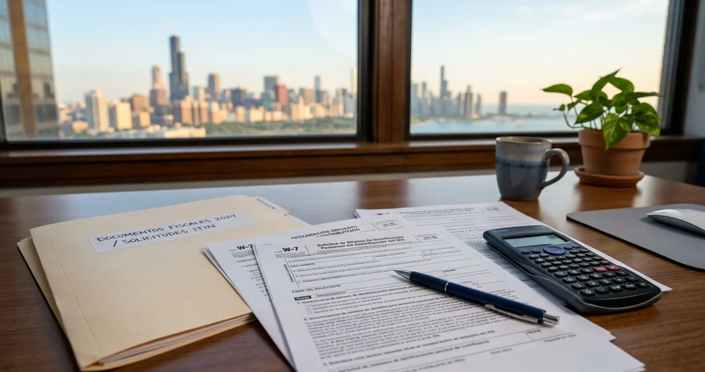 Documentos para obtener ITIN en Chicago: formulario W-7 sobre escritorio con skyline de Chicago al fondo