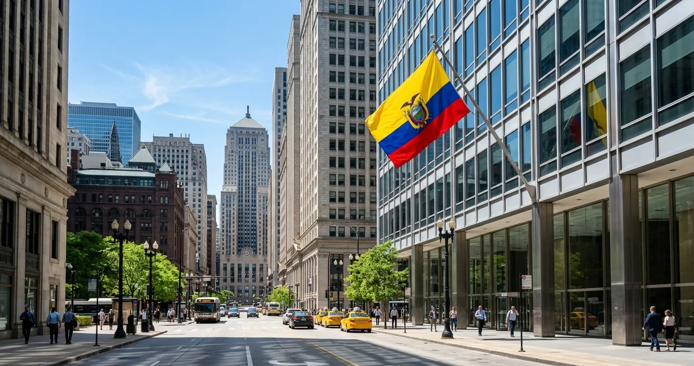 Consulado Ecuatoriano en Chicago - Edificio en La Salle Street con bandera de Ecuador