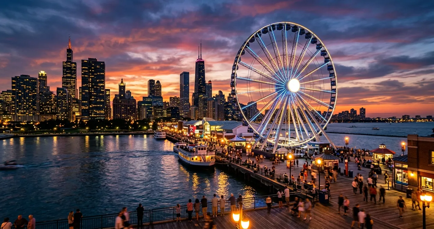 Rueda de Chicago - Centennial Wheel en Navy Pier al atardecer con skyline