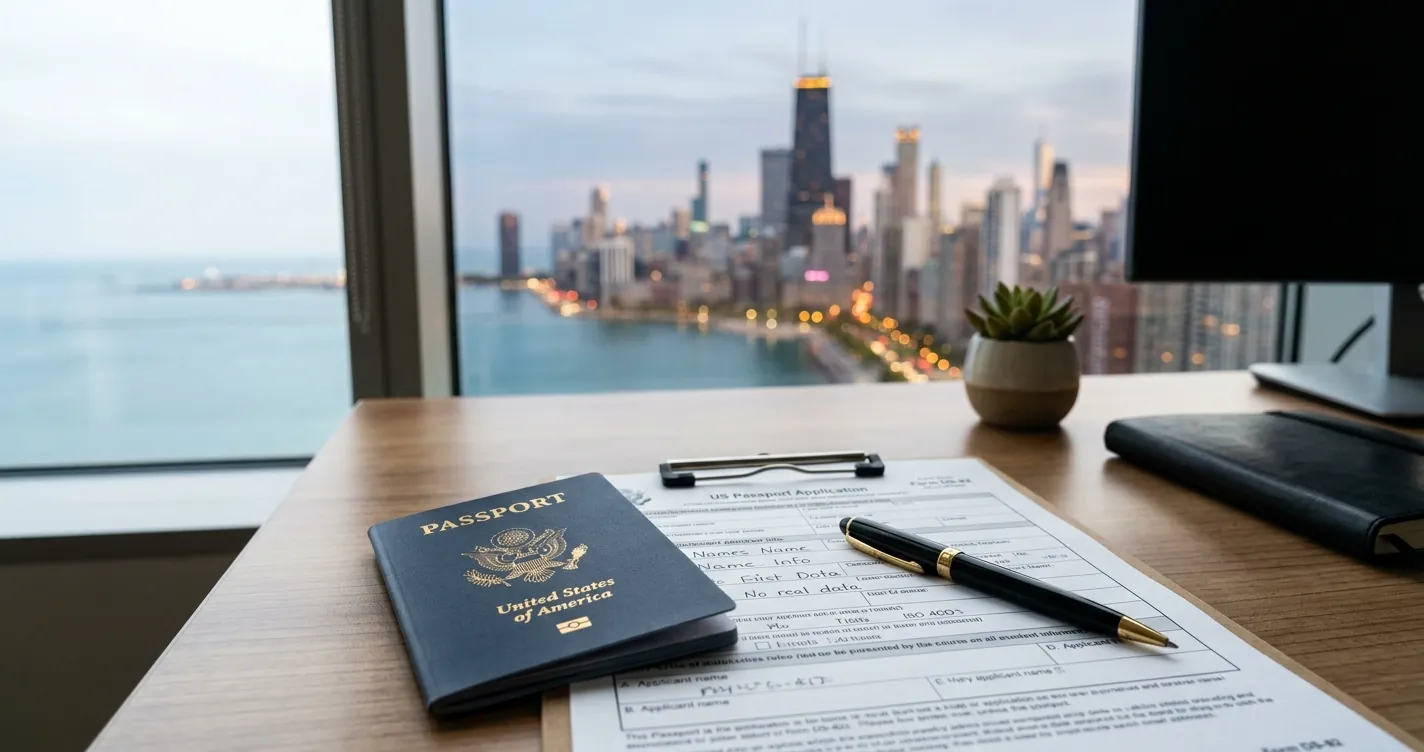Pasaporte americano en Chicago sobre escritorio con formulario de solicitud
