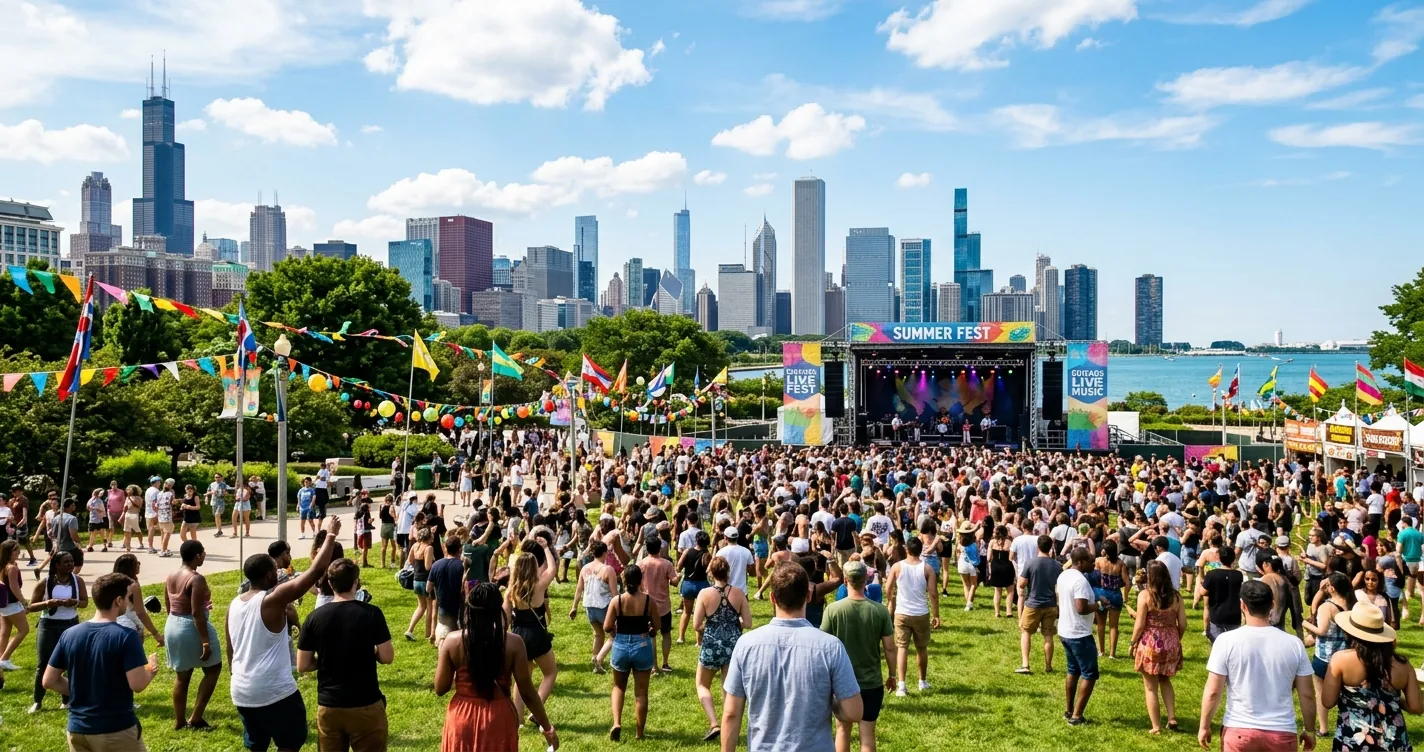 Eventos en Chicago junio 2026 - festival de verano al aire libre con el skyline de la ciudad de fondo