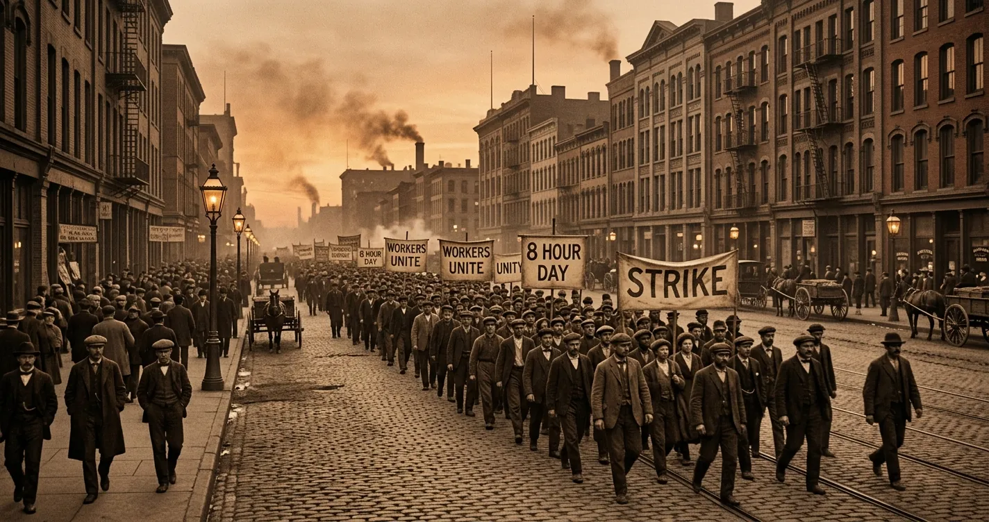 Que paso en Chicago el 1 de mayo de 1886 - trabajadores marchando en la huelga por la jornada de ocho horas