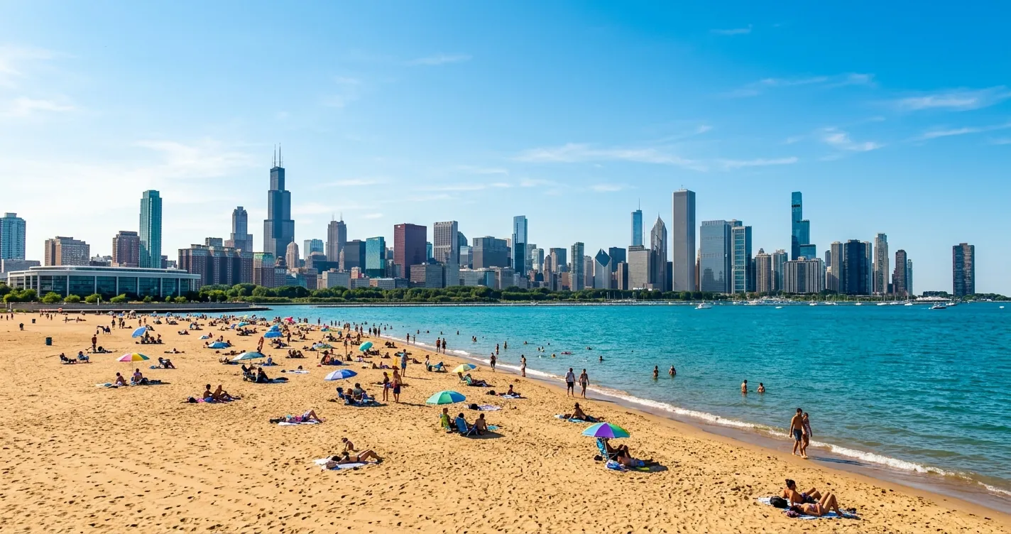 Playas en Chicago - playa del lago Michigan con el skyline de la ciudad al fondo en verano