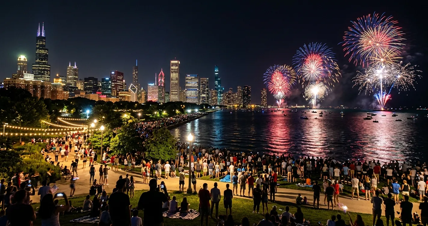 Eventos en Chicago julio 2026 - fuegos artificiales sobre el lago Michigan con el skyline de la ciudad de fondo