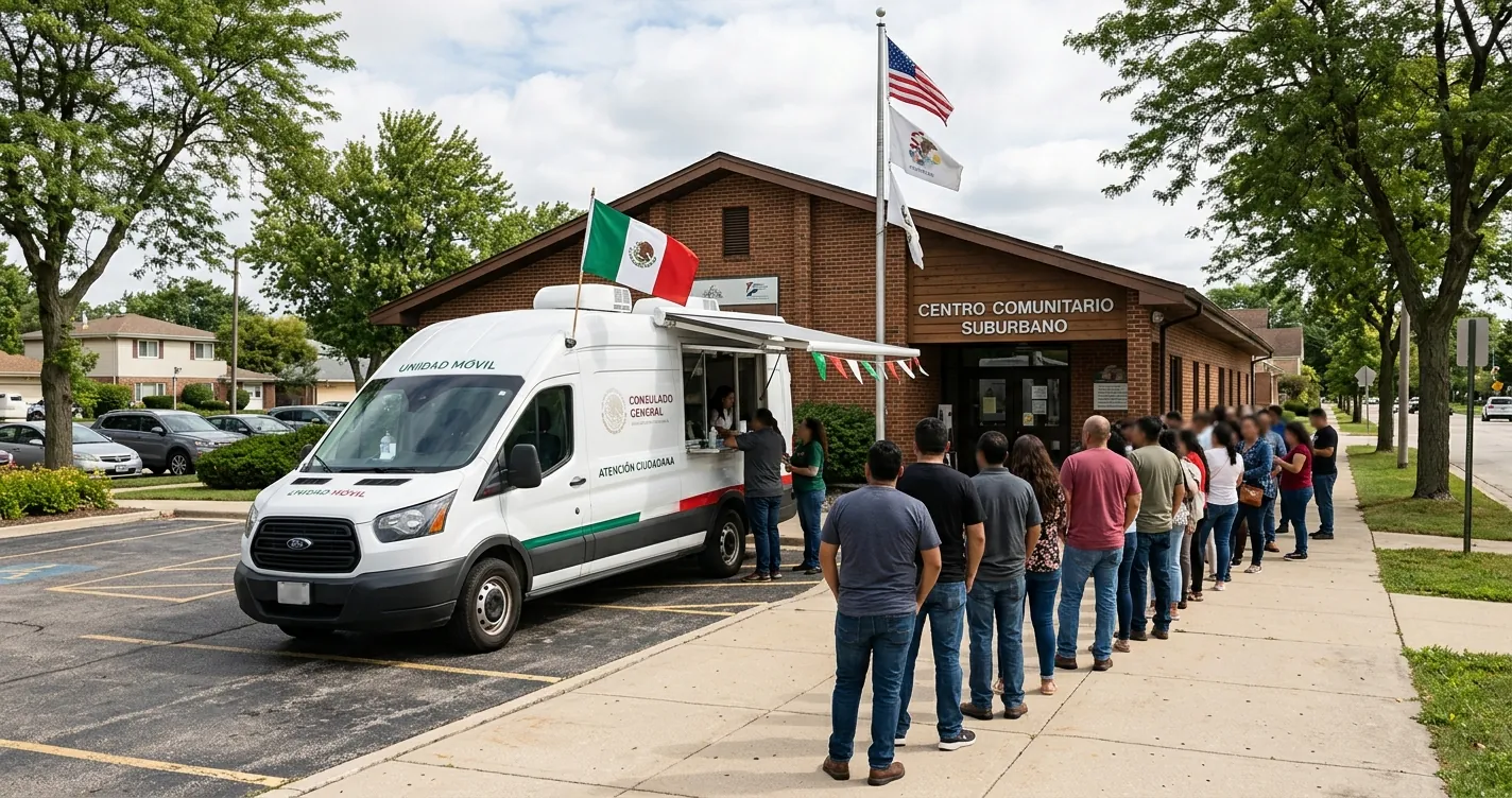 Consulado mexicano móvil en Chicago atendiendo trámites en una ciudad de Illinois