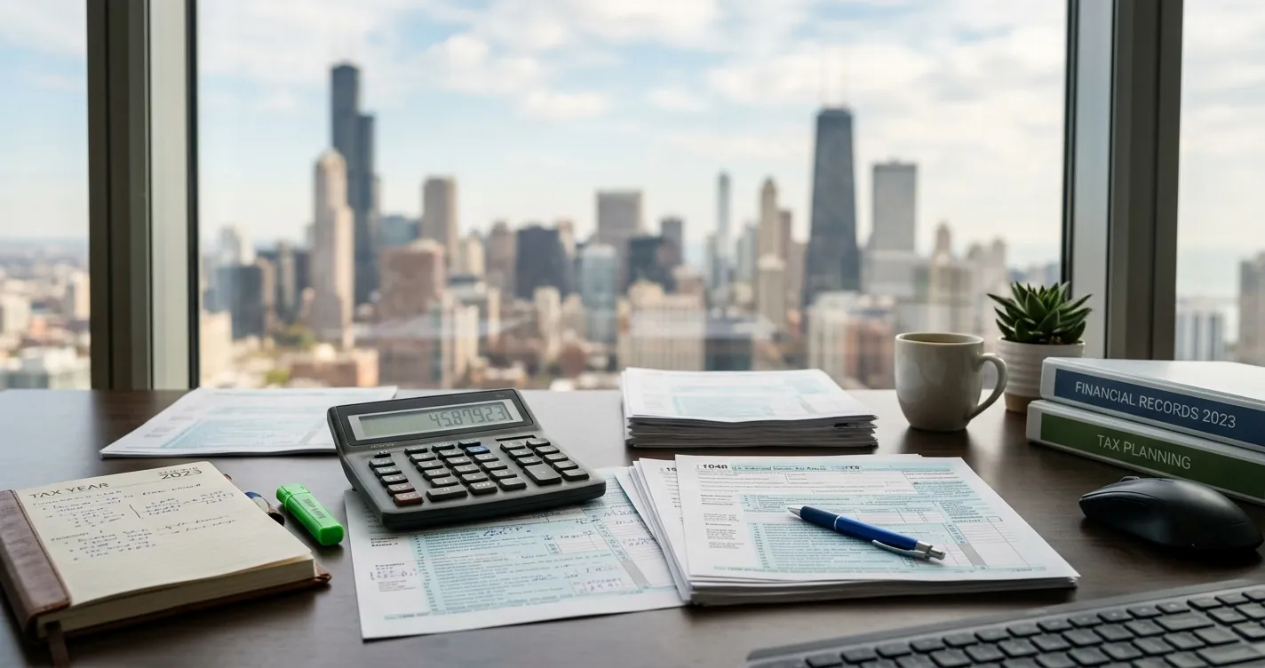 Taxes en Chicago Illinois - documentos de impuestos y calculadora con skyline al fondo