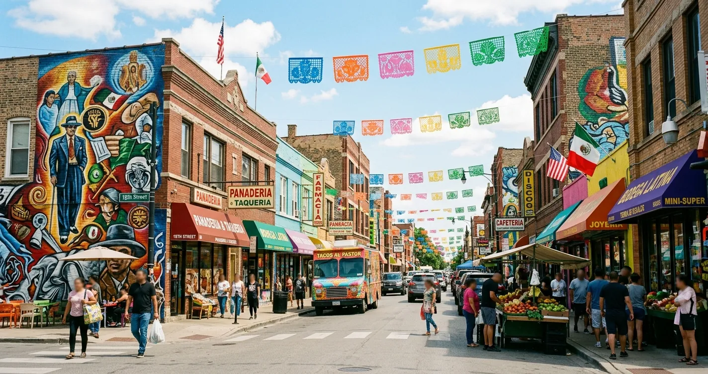 Barrio mexicano en Chicago - calle con murales y comercios en Pilsen y La Villita