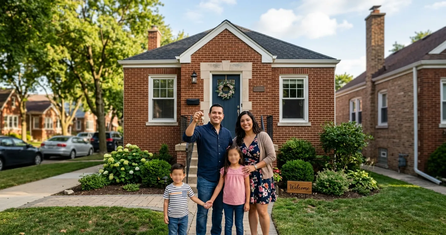 Comprar casa con ITIN en Chicago - familia hispana frente a su nueva vivienda