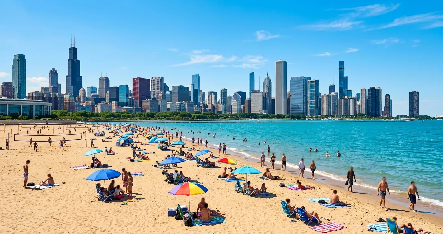 Que hacer en Chicago en verano - playa urbana frente al lago Michigan con el skyline al fondo