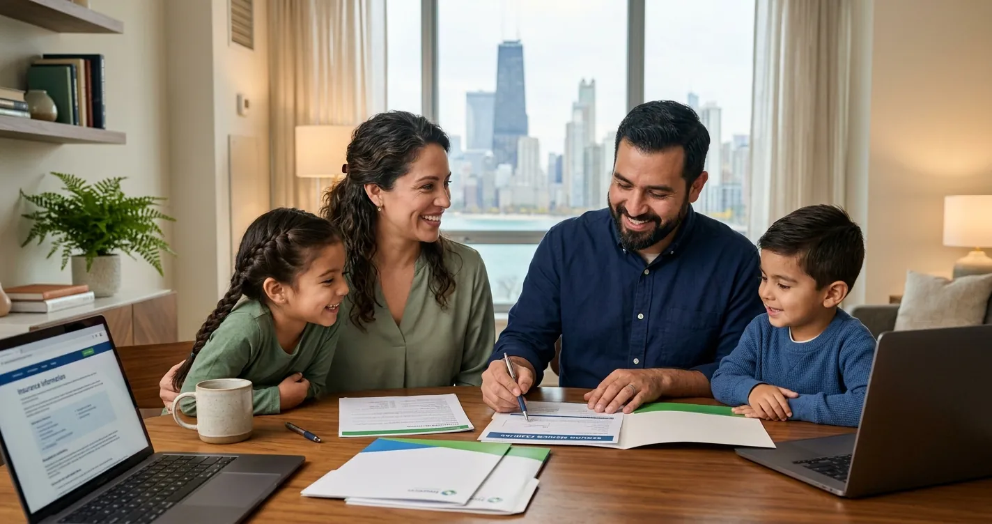 Familia hispana revisando opciones de seguros de salud en Chicago en 2026