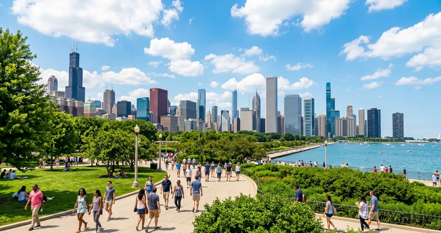Lugares gratis en Chicago - parque urbano con el skyline de la ciudad al fondo