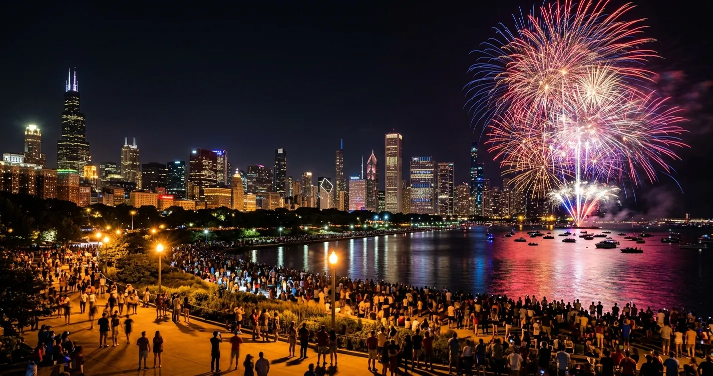 Eventos en Chicago julio 2026 - fuegos artificiales sobre el lago Michigan con el skyline de la ciudad de fondo