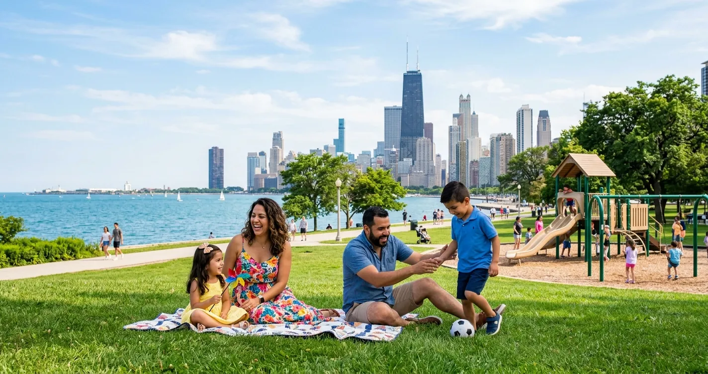Cosas que hacer en Chicago con niños - familia disfrutando de un parque junto al lago Michigan