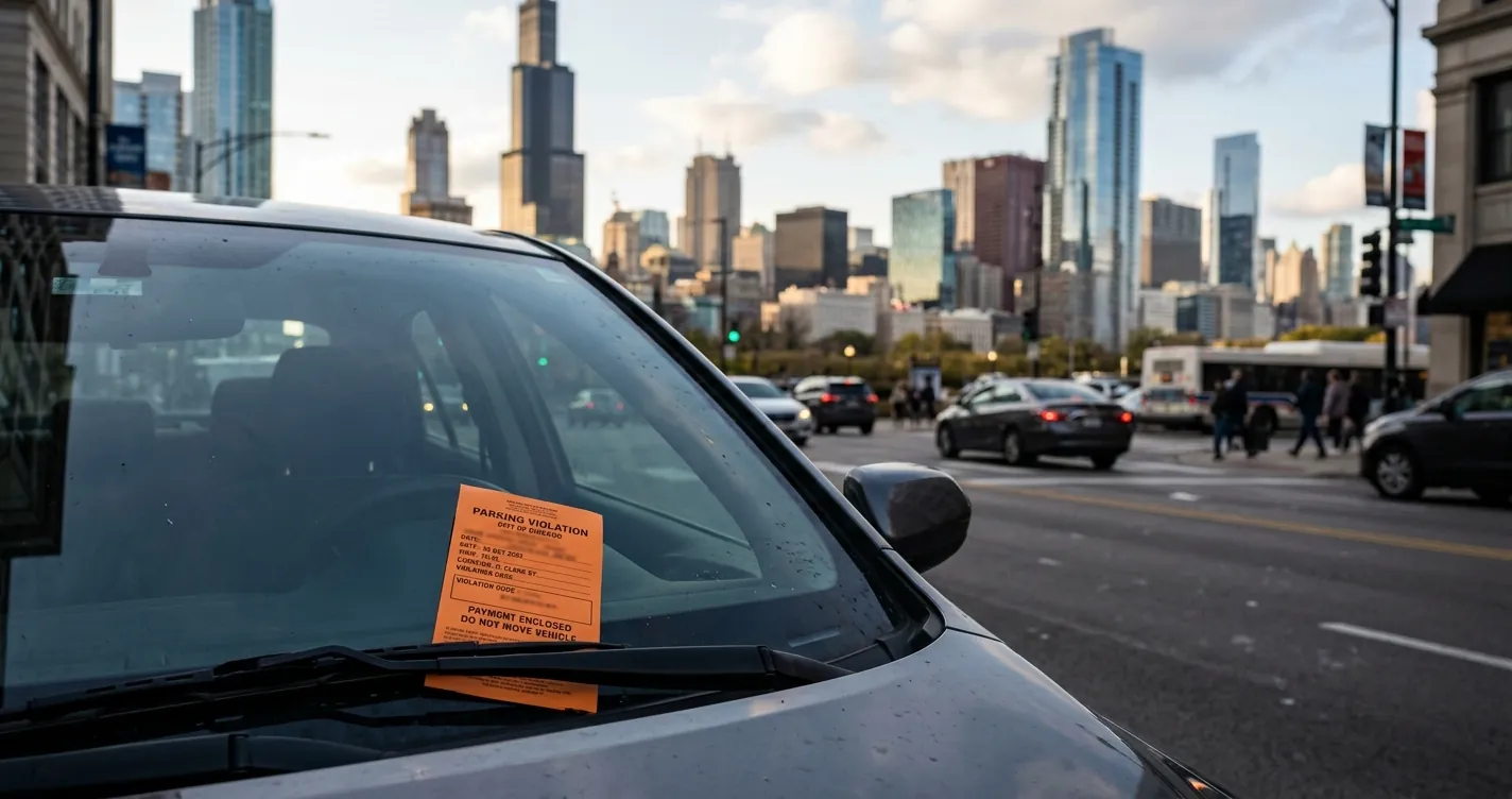 Pagar ticket en Chicago - multa de estacionamiento bajo el limpiaparabrisas de un auto en el centro de la ciudad