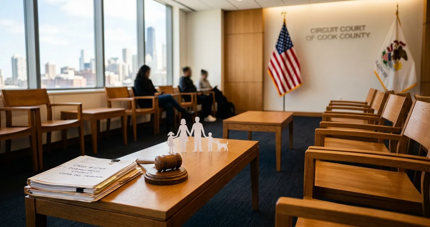 Custodia de hijos en Chicago: documentos legales y mazo de juez en corte de familia de Illinois