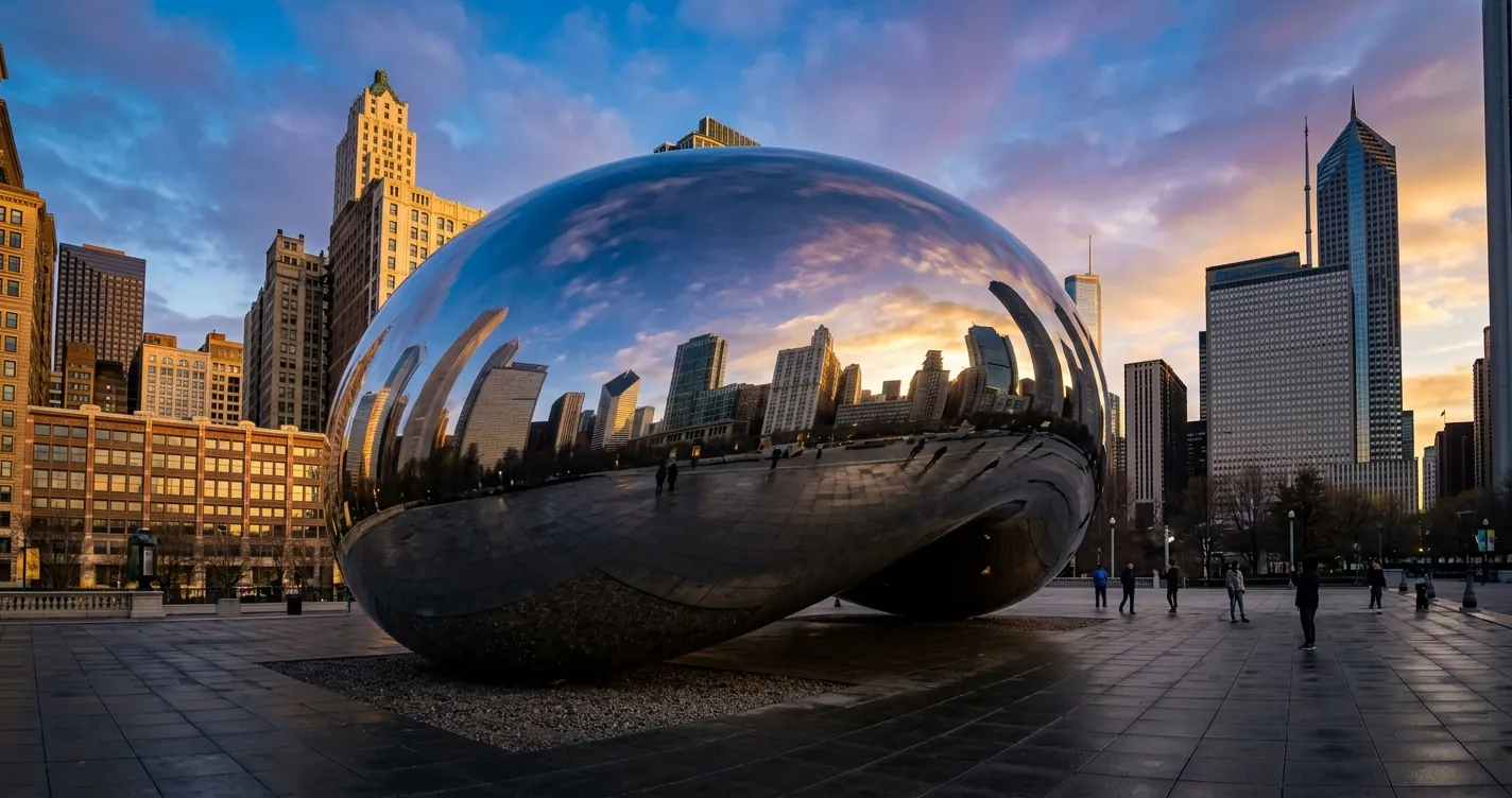 El Frijol en Chicago - Escultura Cloud Gate reflejando el skyline en Millennium Park