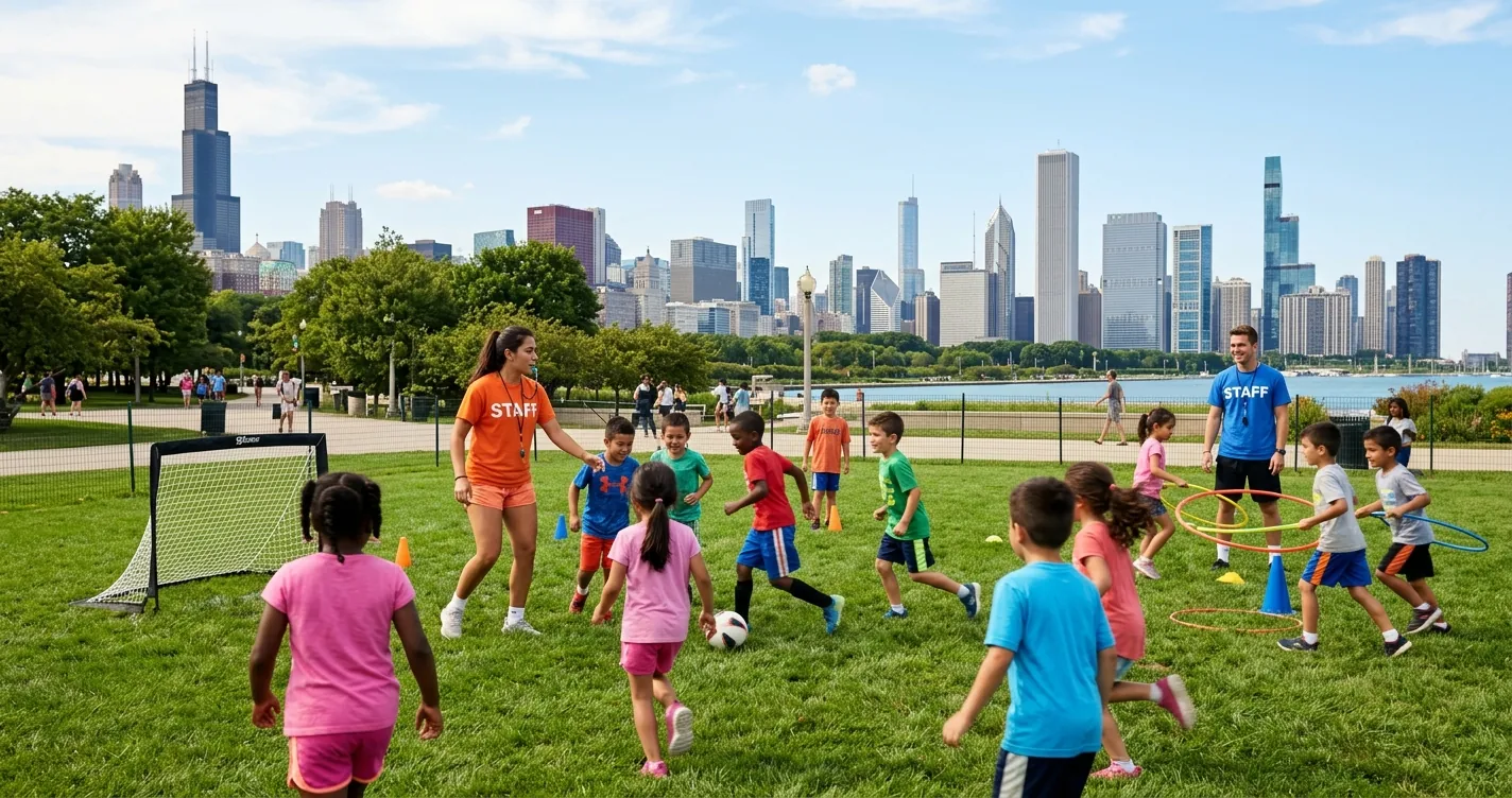 Campamentos de verano en Chicago - niños jugando en un parque con el skyline de fondo