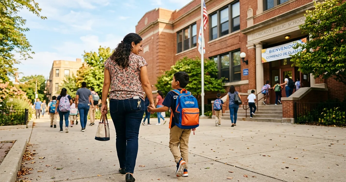 Inscripción escolar en Chicago - Madre e hijo hispanos llegando a una escuela pública de CPS