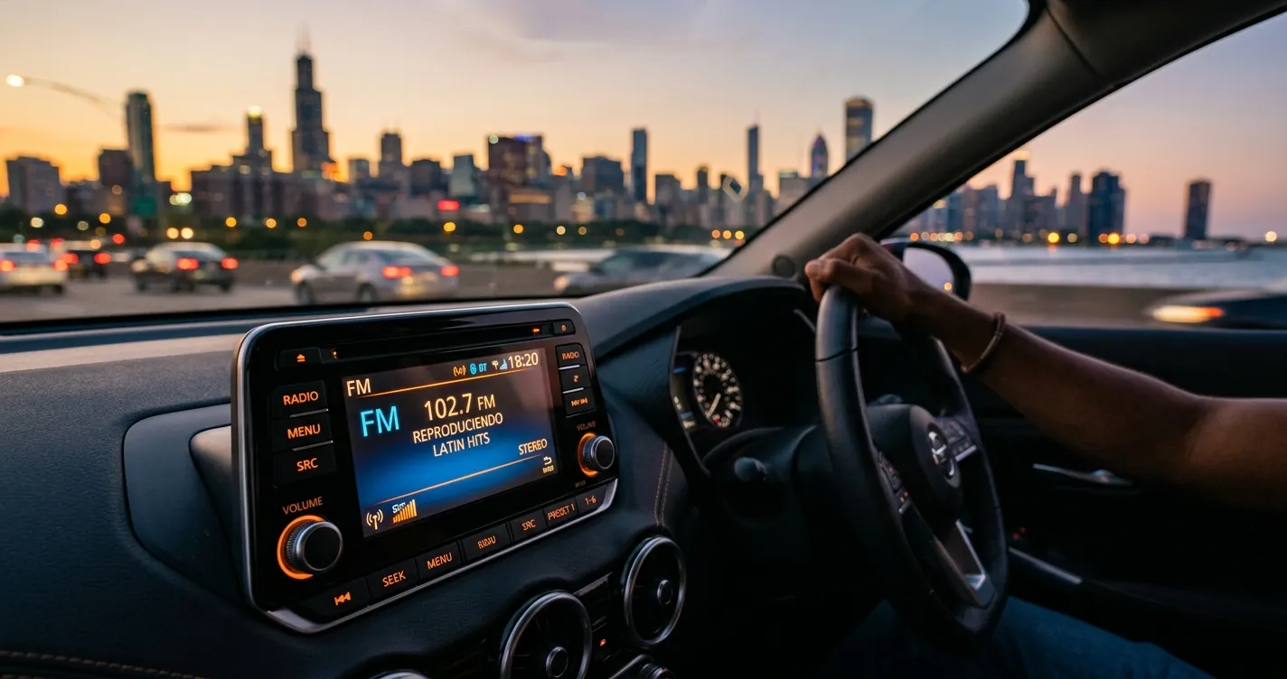 Estaciones de radio mexicanas en Chicago - dial FM con skyline de la ciudad al fondo
