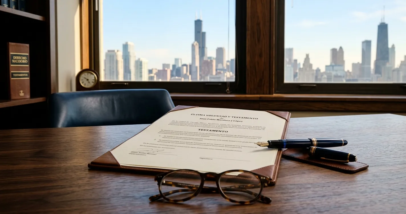 Testamento en Chicago Illinois - Documento legal de herencia sobre escritorio con vista al skyline de la ciudad