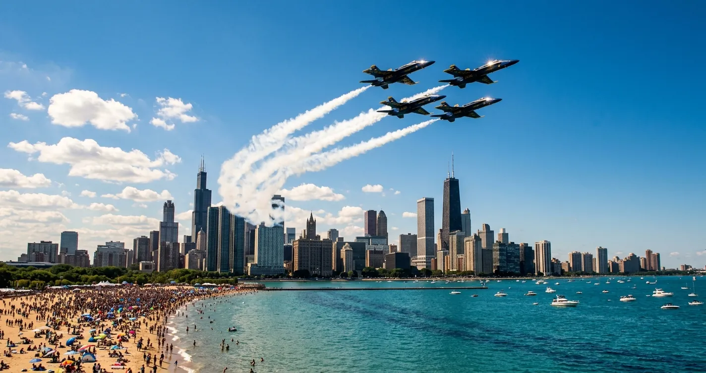 Eventos en Chicago agosto 2026 - aviones del Air and Water Show sobre el lago Michigan con el skyline de la ciudad al fondo