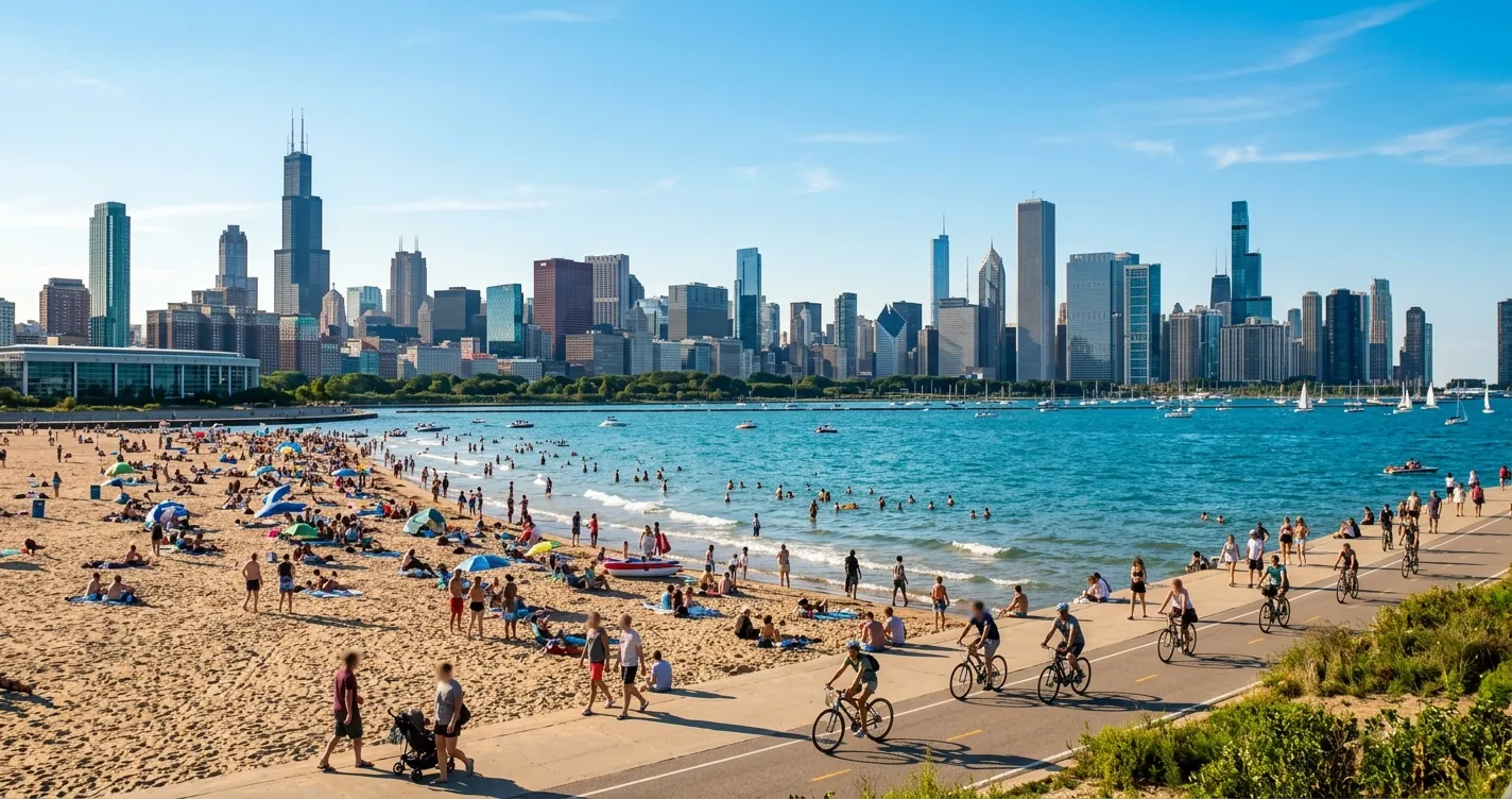 Qué hacer en Chicago en agosto - playa junto al lago Michigan con el skyline de la ciudad al fondo en verano