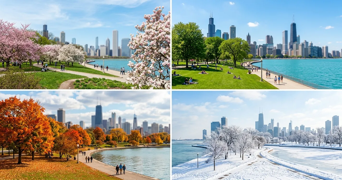 Estaciones del año en Chicago: parque junto al lago Michigan en primavera, verano, otoño e invierno