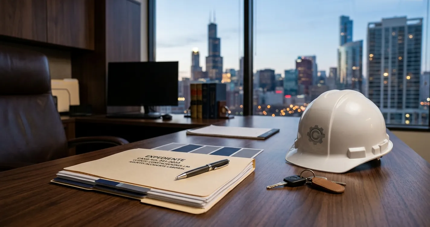 Abogados de accidentes en Chicago - oficina legal con expediente de lesiones personales y vista al centro de la ciudad