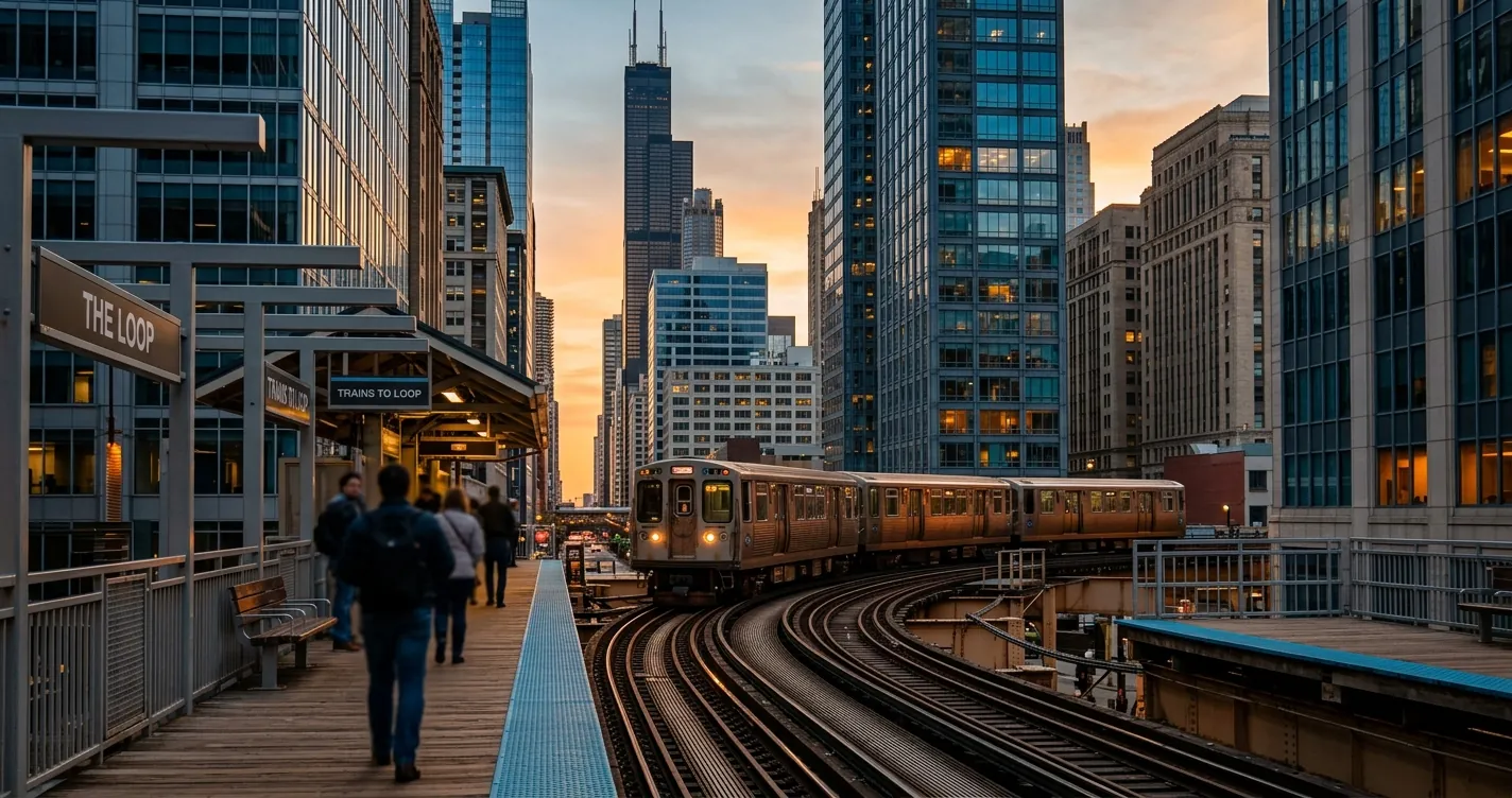 Líneas de tren en Chicago - Tren elevado del CTA recorriendo el Loop entre rascacielos