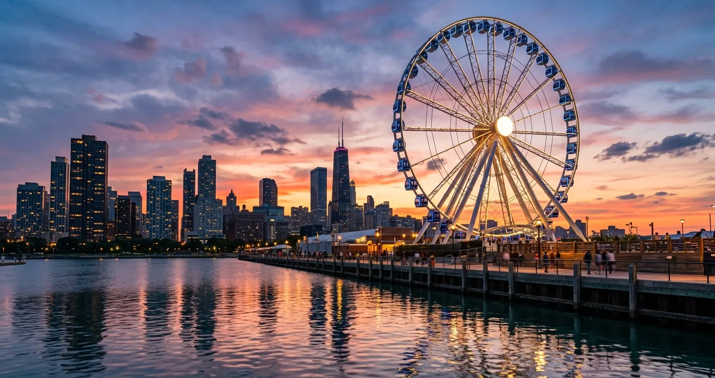 Rueda de la fortuna en Chicago vista desde Navy Pier con el skyline al atardecer