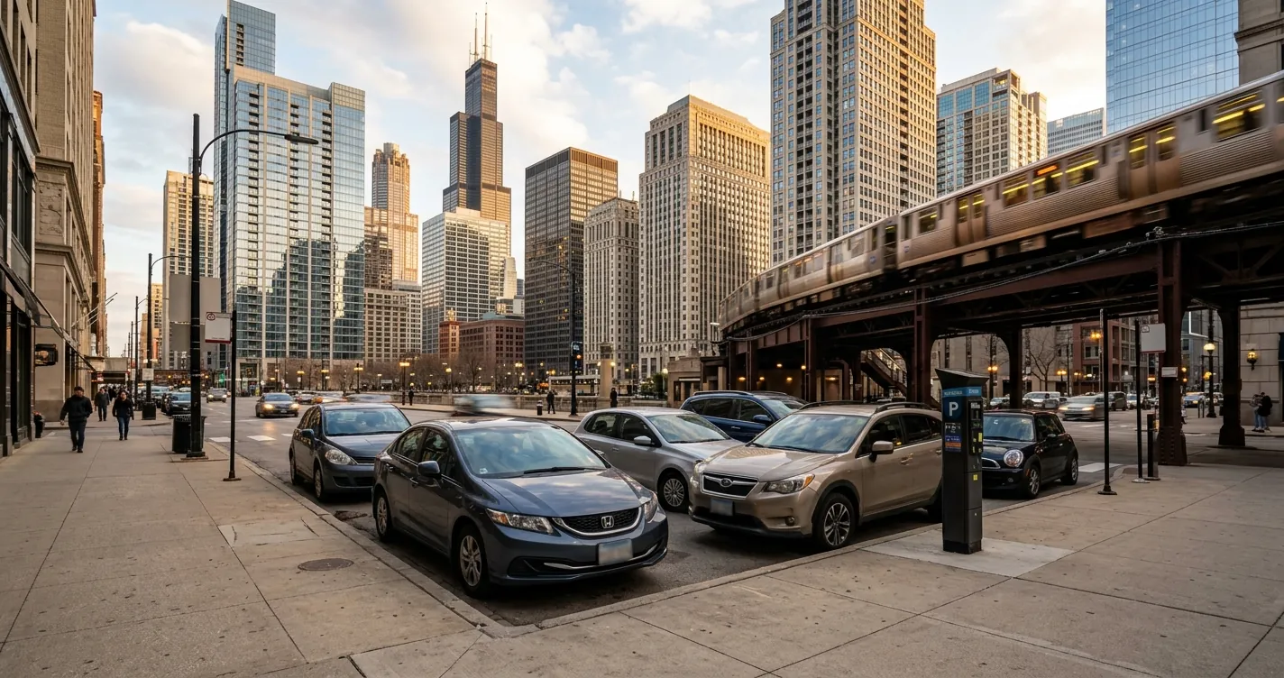 Dónde estacionarse en Chicago - autos estacionados junto a un parquímetro en el centro de la ciudad