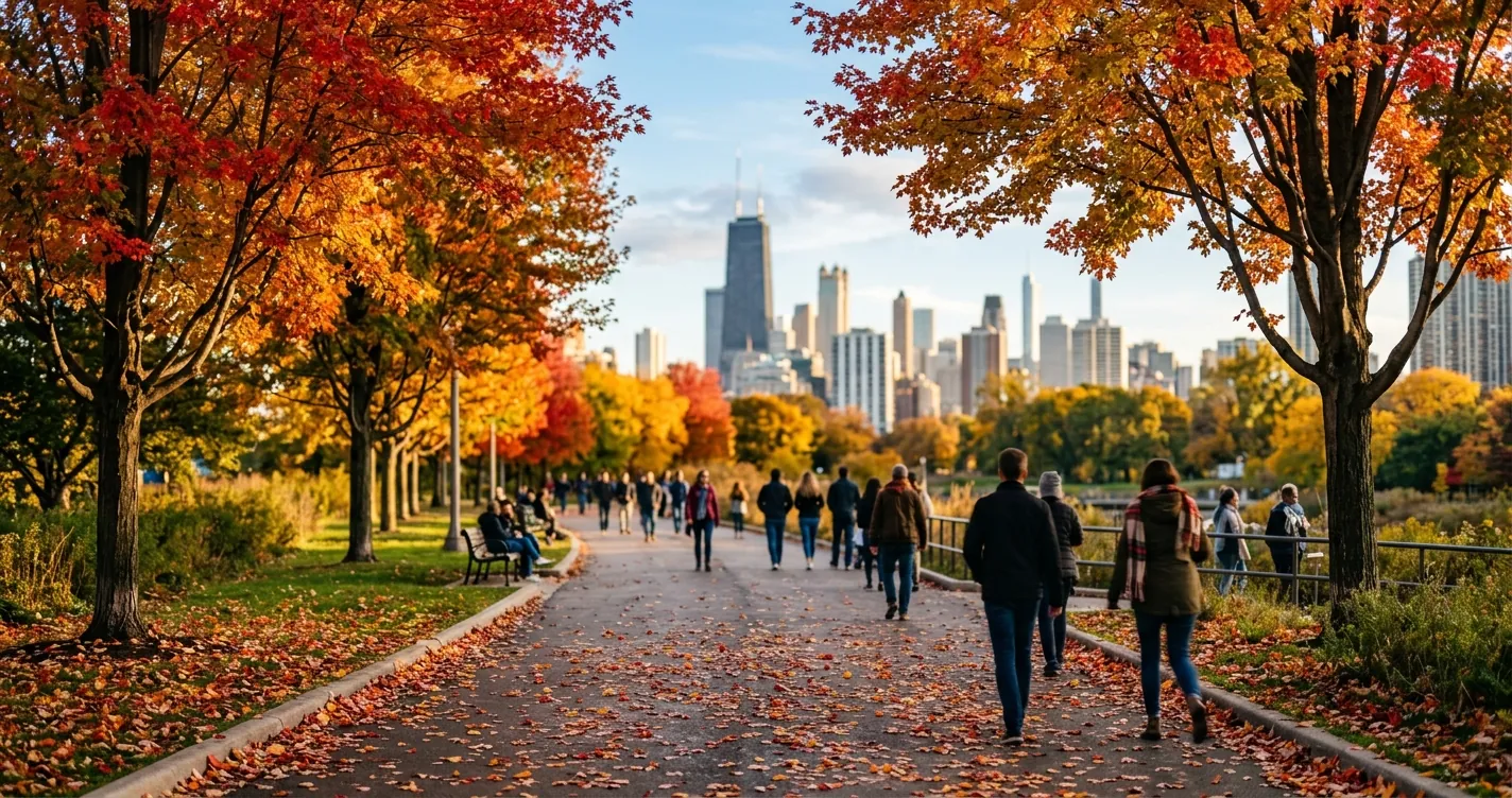 Otoño en Chicago Illinois - Parque con árboles de hojas rojas y doradas y el skyline al fondo