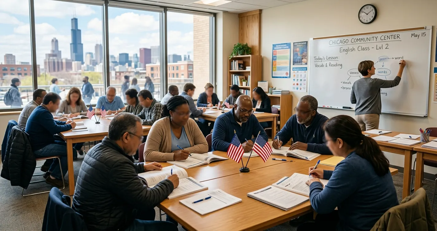 Clases de ciudadanía en Chicago: adultos preparándose para el examen de naturalización en un centro comunitario