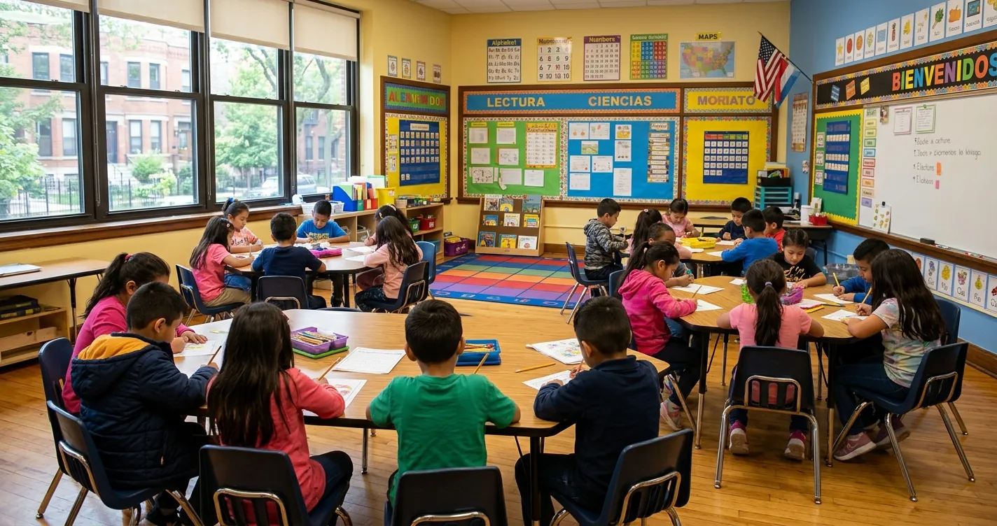 Salón de clases de escuelas bilingües en Chicago con niños de primaria y material educativo en español e inglés
