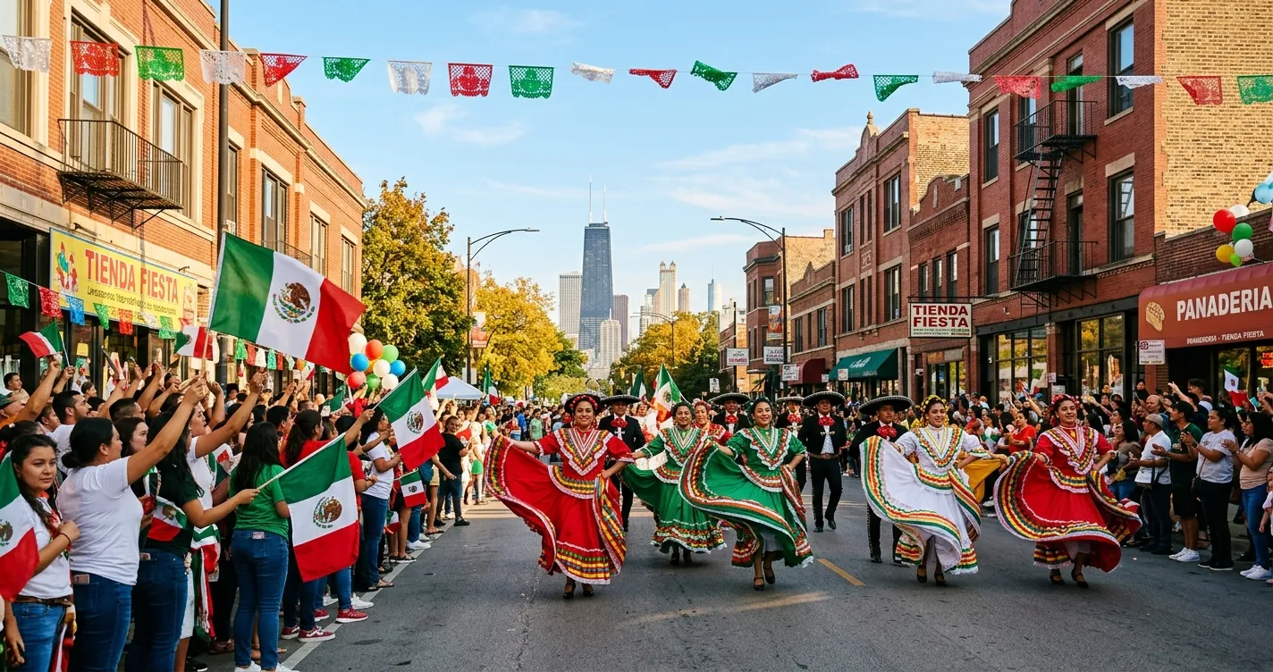 Eventos en Chicago septiembre 2026: desfile de Fiestas Patrias con bailarines folkloricos y banderas en un barrio de la ciudad