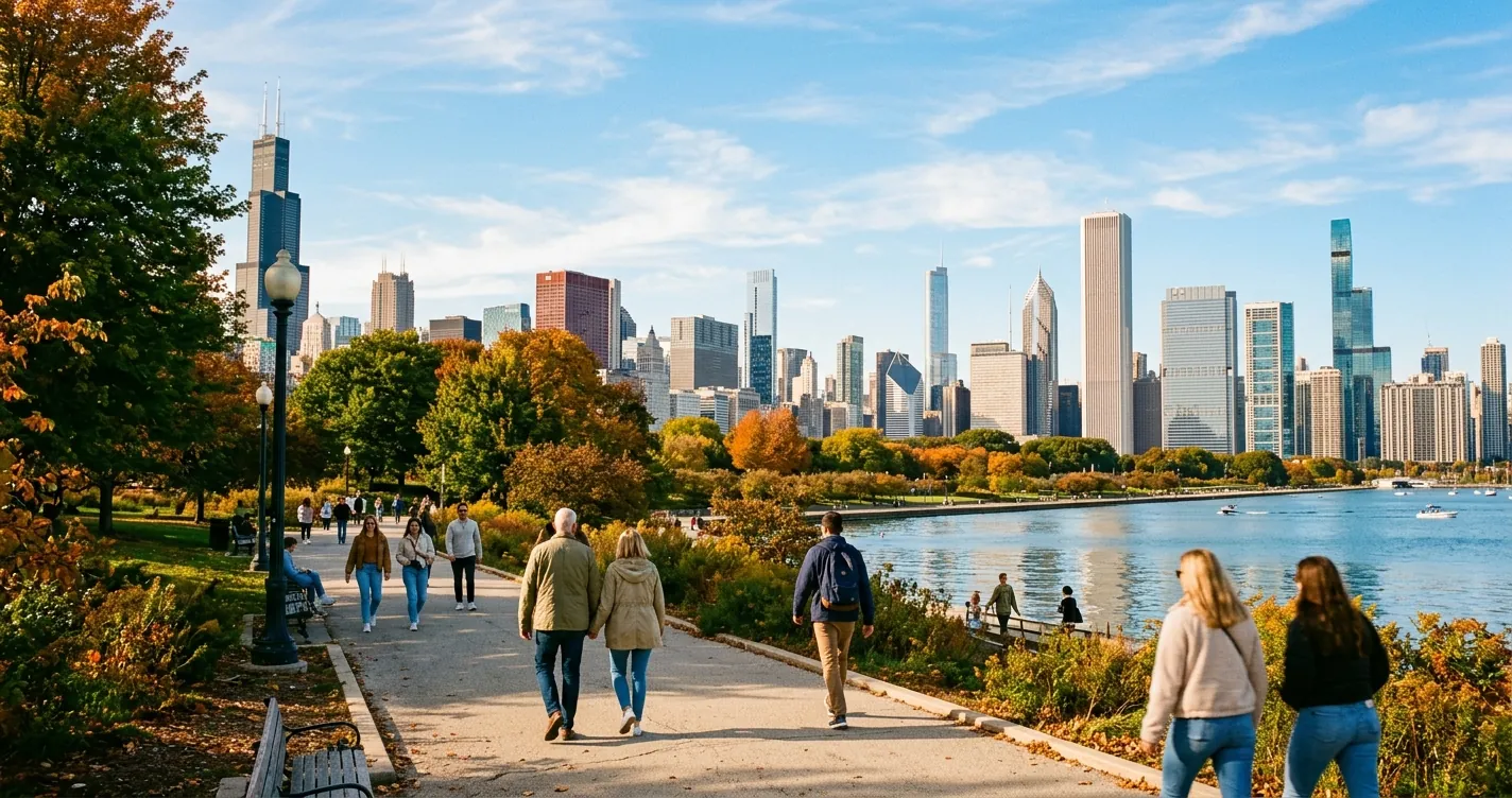 Temperatura en Chicago en septiembre: parque junto al lago con árboles otoñales y skyline al fondo