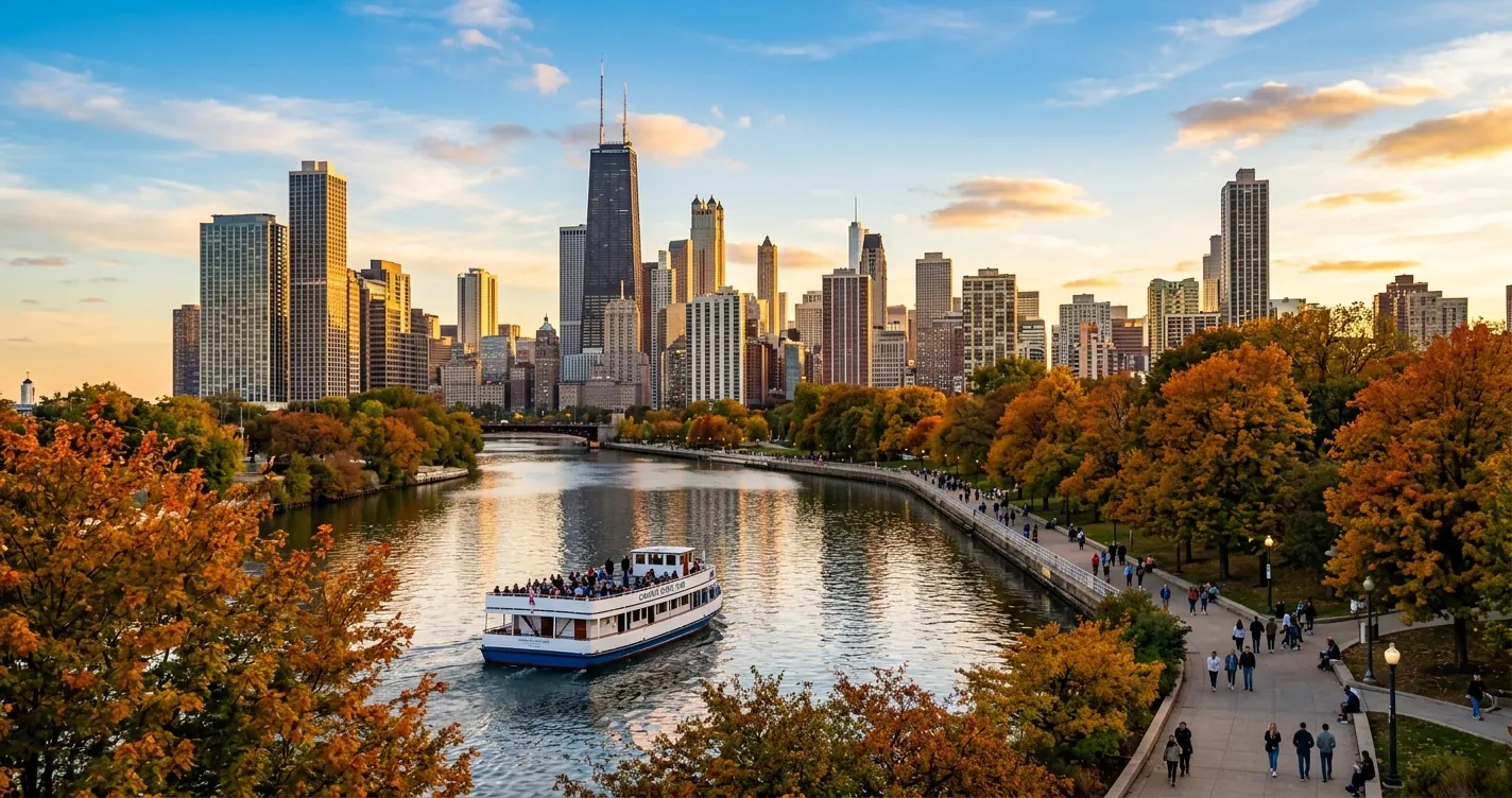 35 cosas que hacer en Chicago: skyline y río de Chicago en otoño con paseo peatonal y barco turístico