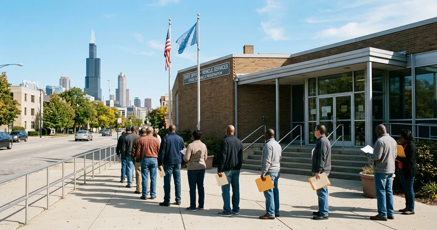Secretaria del Estado en Chicago Illinois: oficina con residentes esperando turno para licencia, State ID y registro de vehículos